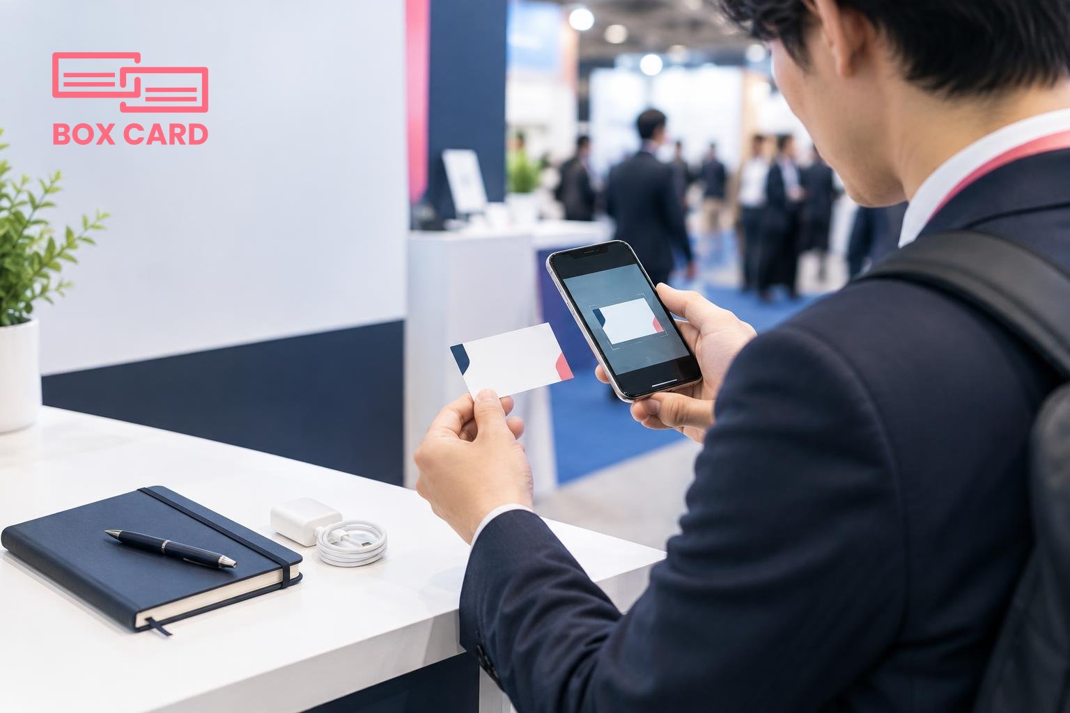 展示会のブース前で営業担当がスマートフォンのBoxcard スキャンアプリで名刺をスキャンし、隣にノートと充電器が置かれた実写風写真