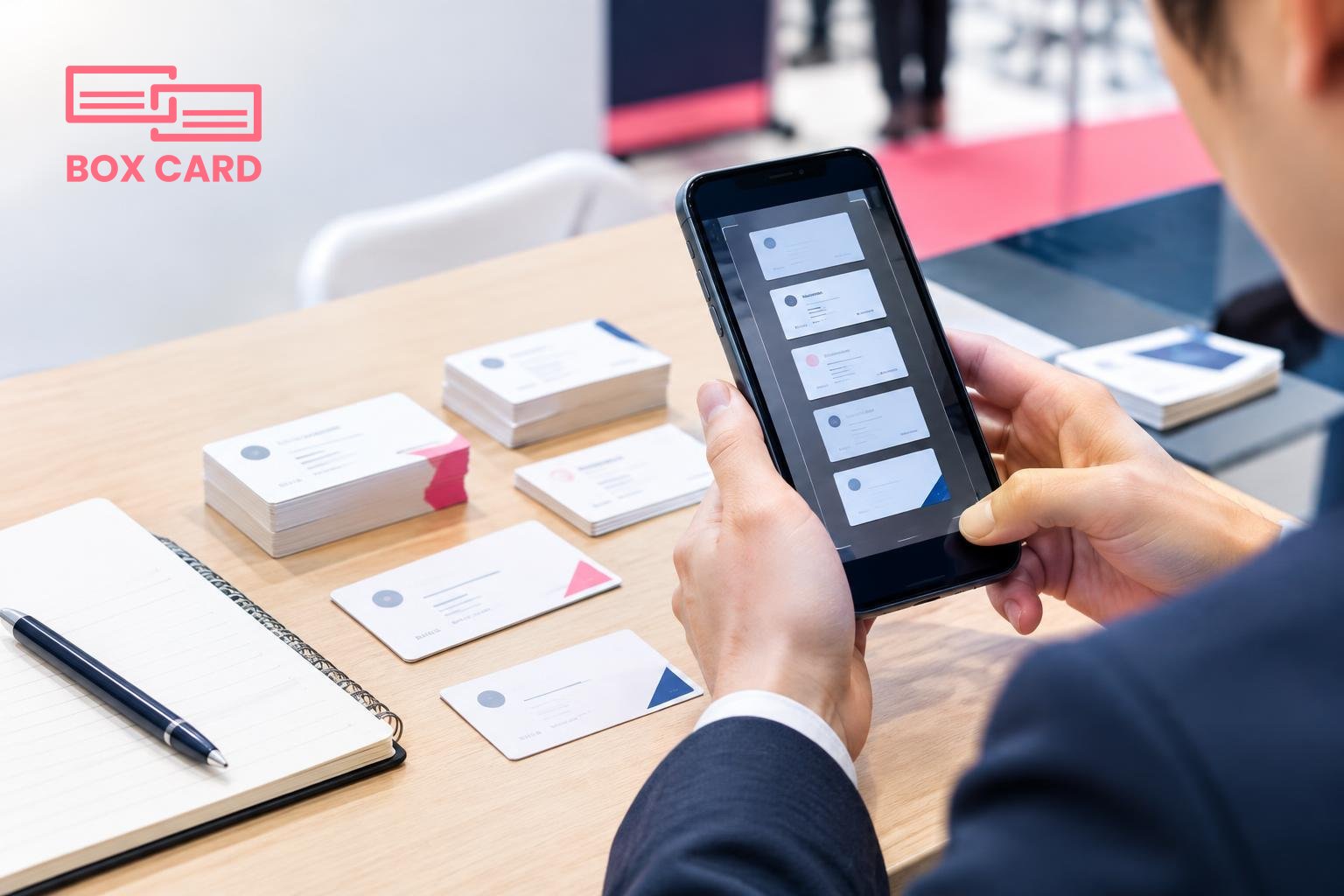 展示会の机で営業がスマートフォンを使い、複数の名刺を連続でスキャンプレビューしている編集写真、テーブルに名刺の山とノート、画面に編集フィールドが見える
