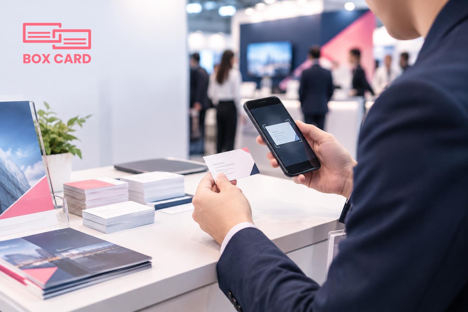 展示会のブース横で、営業担当者がスマートフォンの名刺スキャンアプリで名刺を取り込み、テーブルに資料と名刺の山がある編集写真