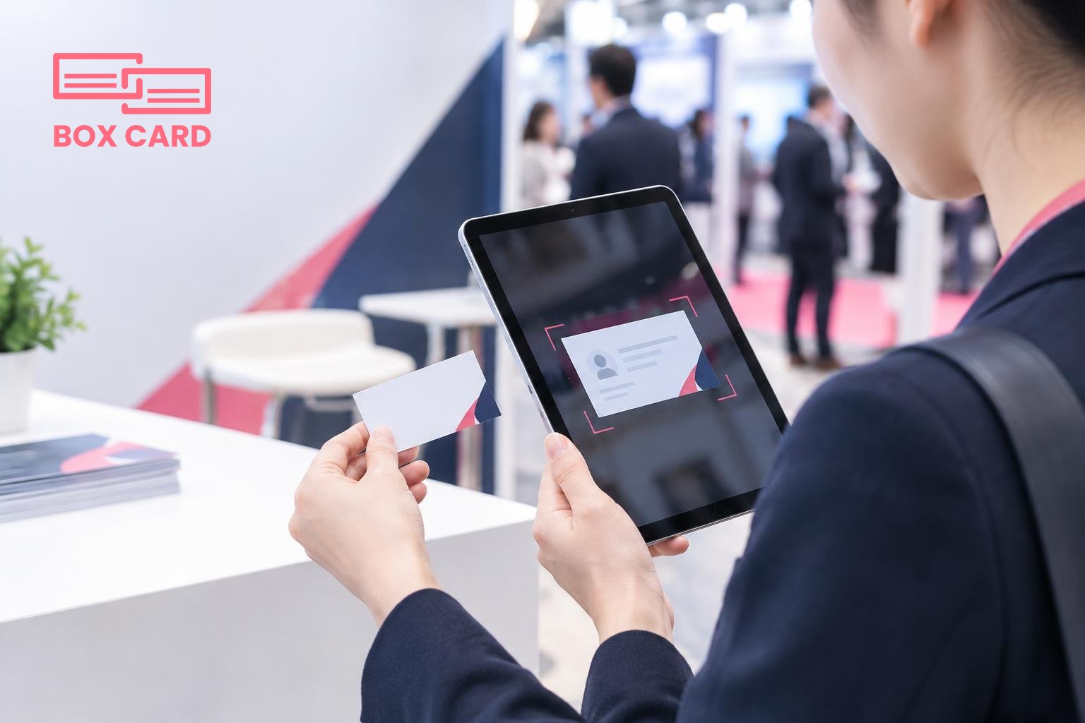 展示会のブースで営業担当者がタブレットで名刺をスキャンし、画面に読み取り中の名刺イメージが表示されている編集写真