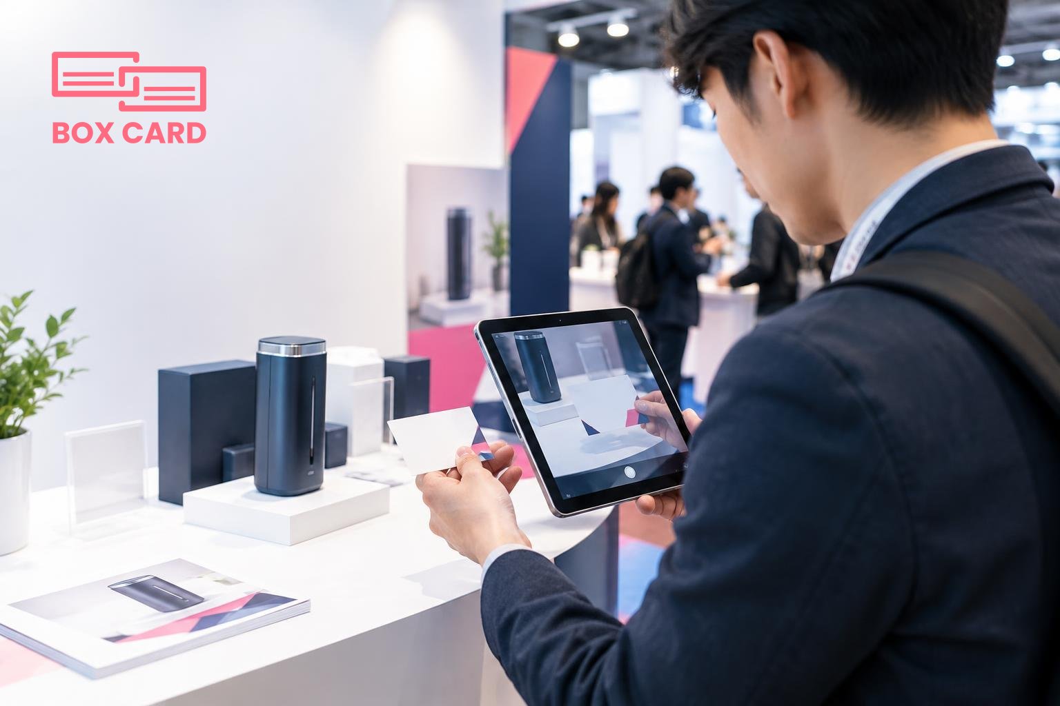 展示ブースで営業担当者がタブレットに名刺をスキャンしてタグを付け、ブース製品の写真を一緒に撮っている編集写真