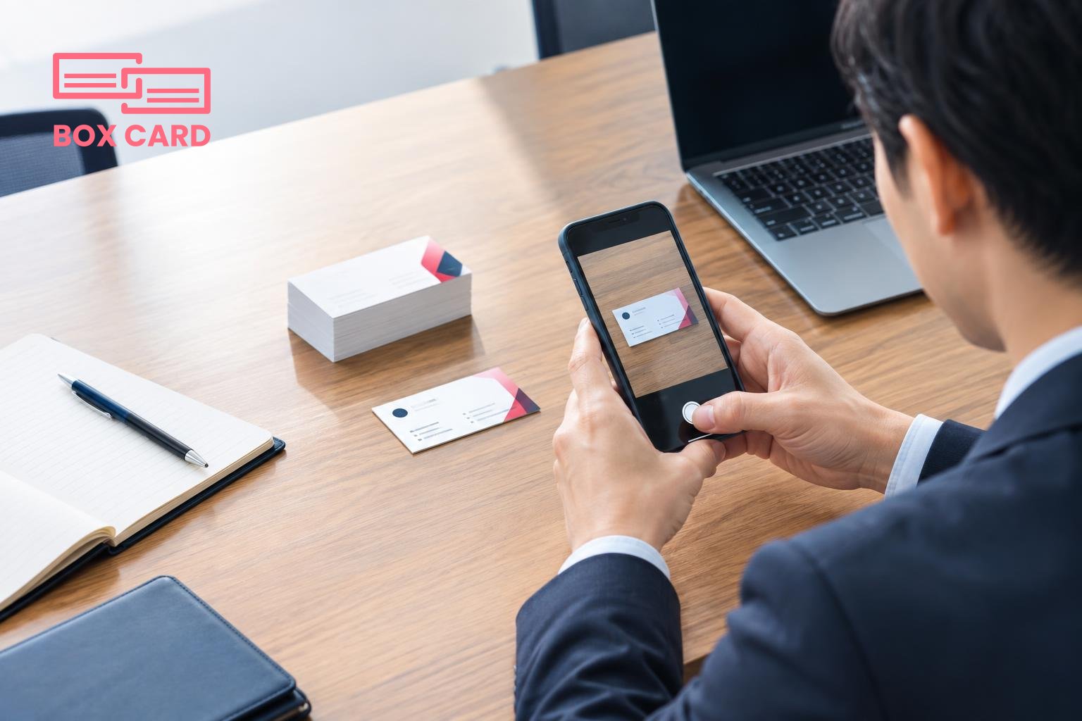 営業担当が会議室のテーブルでスマートフォンで名刺を撮影している様子、隣に名刺の束とノートパソコン、編集的写真