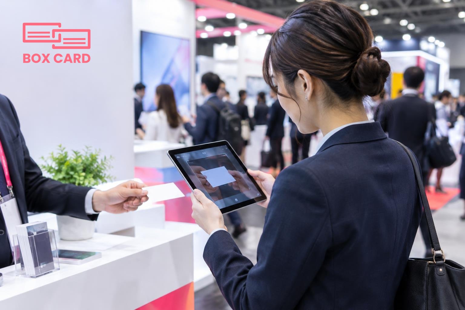 展示会のブース前でビジネスパーソンがタブレットに名刺をスキャンしている場面、背景に人混みと展示ブース、編集写真