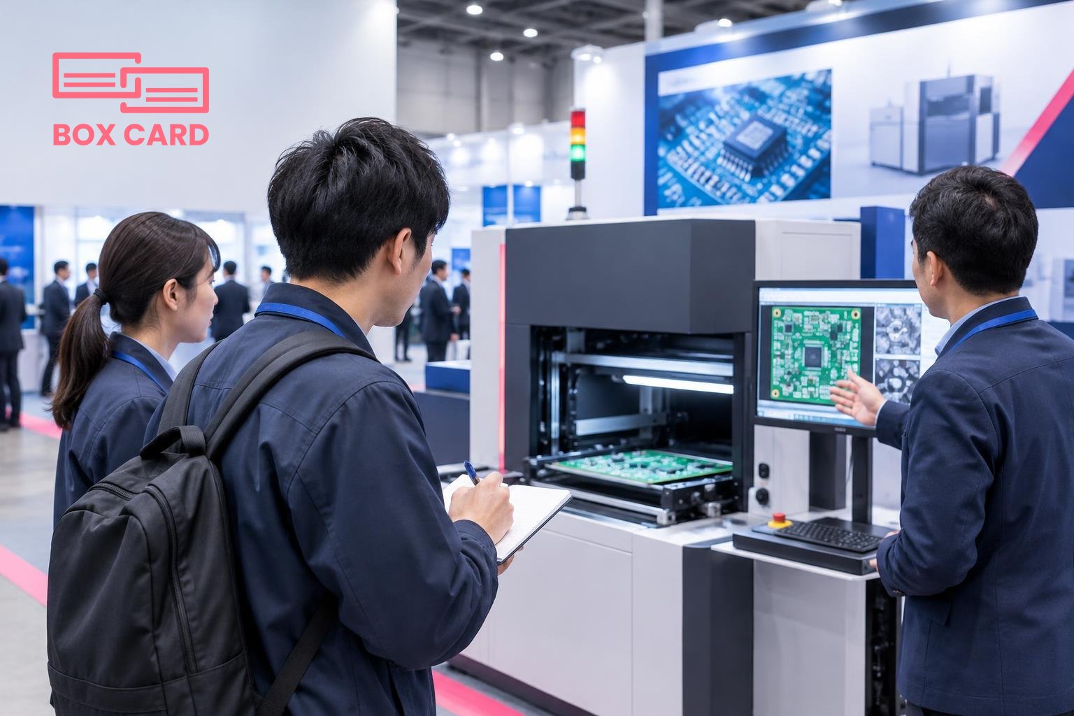 展示会会場で技術者が大型基板検査装置のデモを見てメモを取る、展示パネルと技術デモが背景にある編集写真